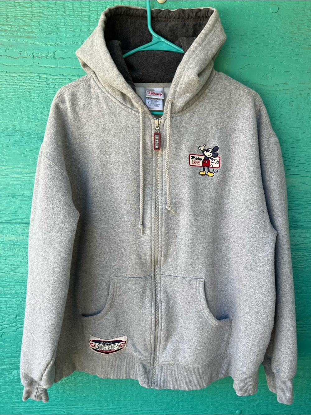 Disney Store Mickey Mouse Full Zip Hoodie Jacket Gray Embroidered Size LARGE